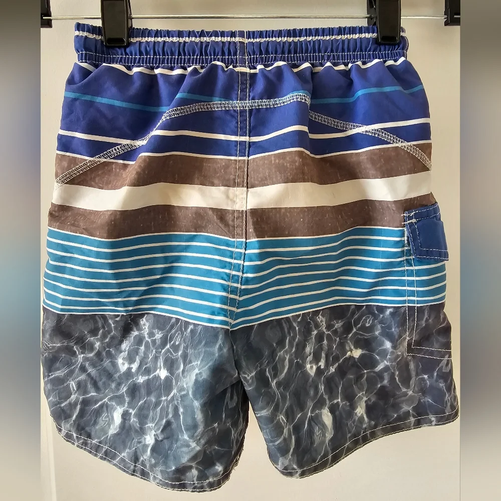 3T Quad Seven blue, gray and white swim trunks Vacation Spring Break beach shore